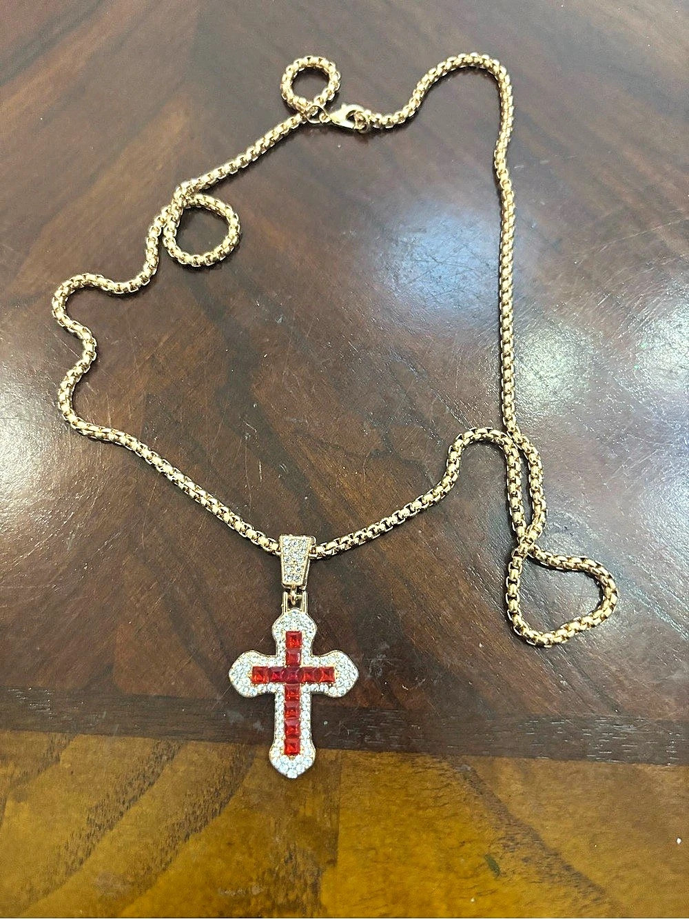 Gold-Tone Red Cross Pendant Necklace
